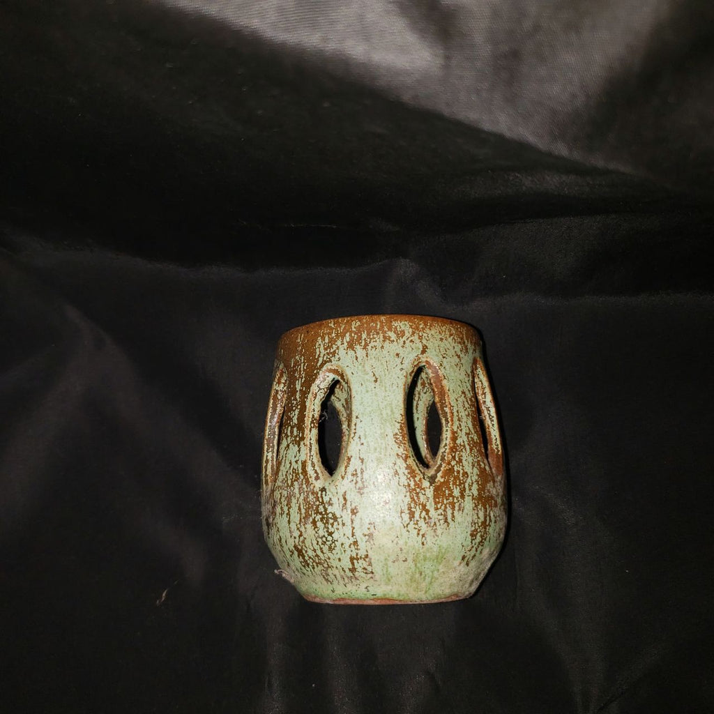 Vintage Signed Studio Pottery Pierced Votive Holder with Green Glaze