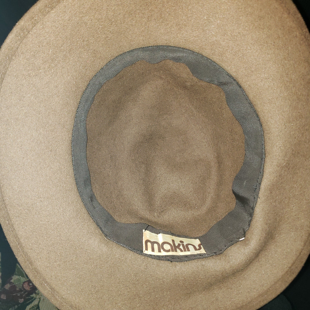 Vintage Mackins Brown Felt Wide-Brim Hat with Printed Scarf Trim