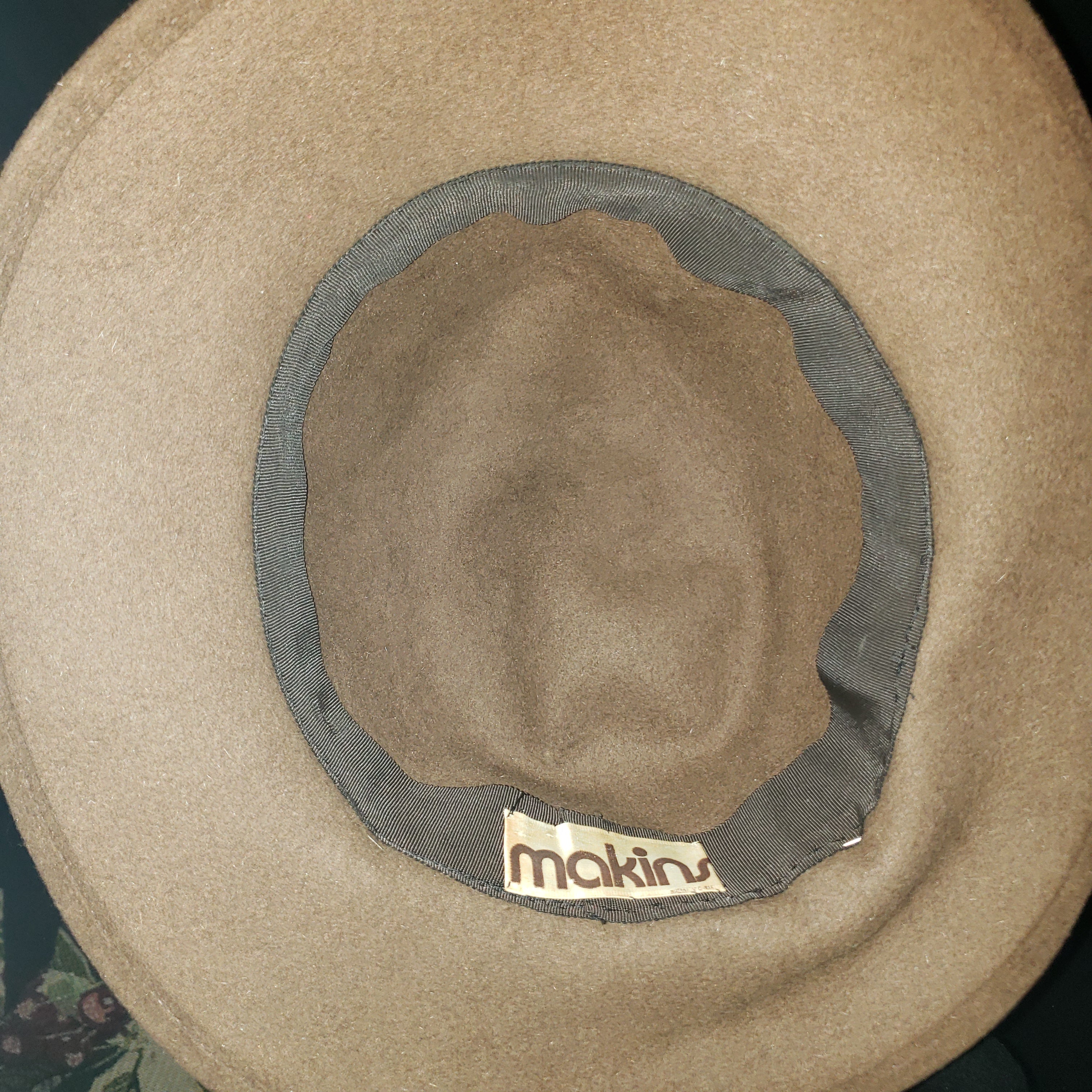 Vintage Mackins Brown Felt Wide-Brim Hat with Printed Scarf Trim
