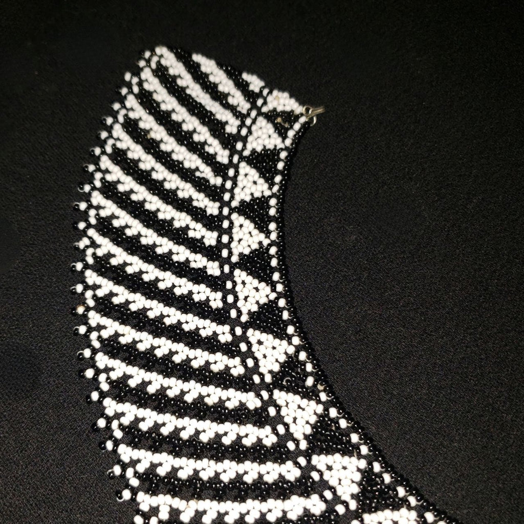 Vintage Black & White Seed Beaded Bohemian Collar Necklace