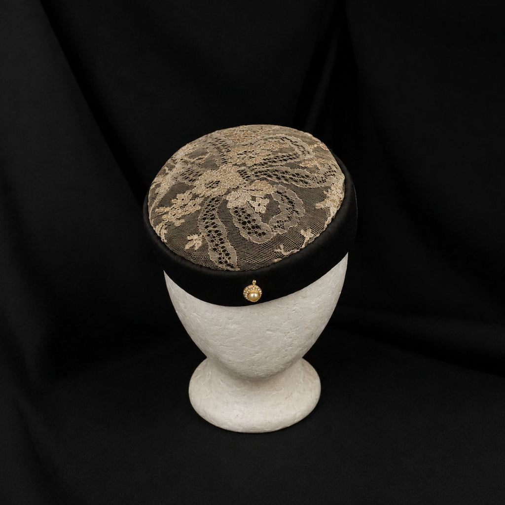 Vintage Lace Pillbox Cocktail Hat with Pearl Accent