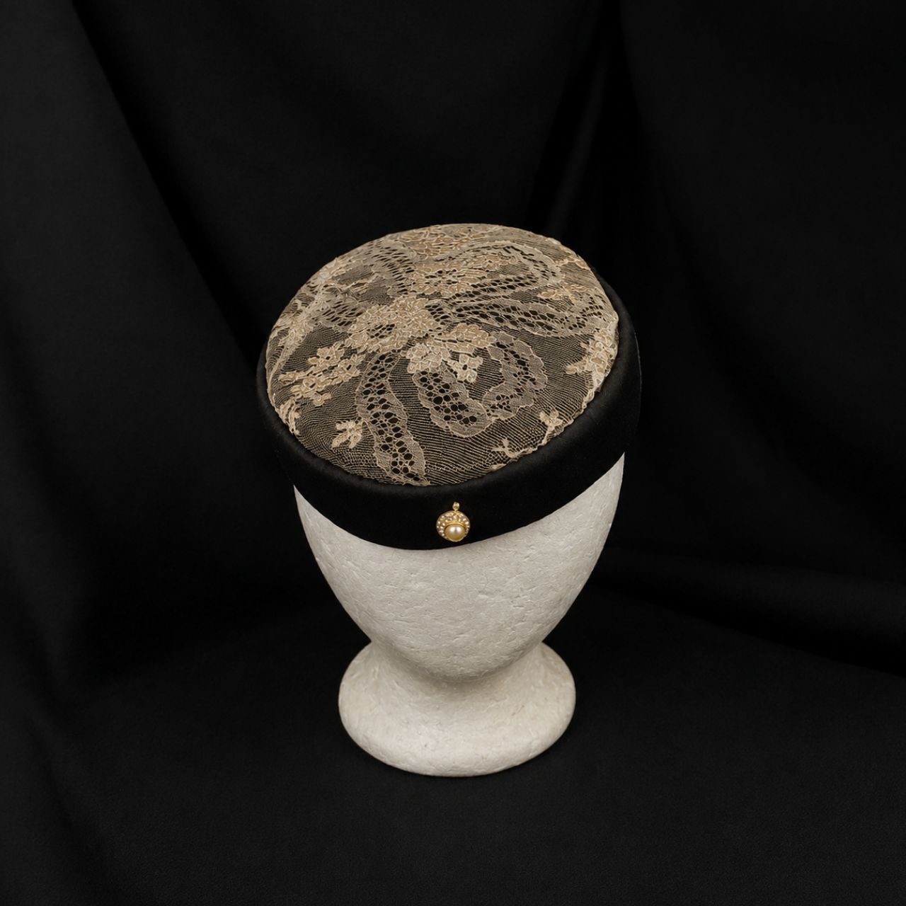 Vintage Lace Pillbox Cocktail Hat with Pearl Accent