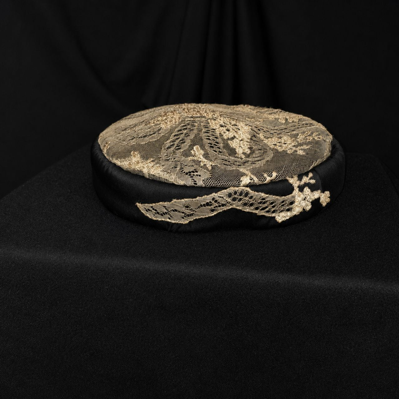 Vintage Lace Pillbox Cocktail Hat with Pearl Accent