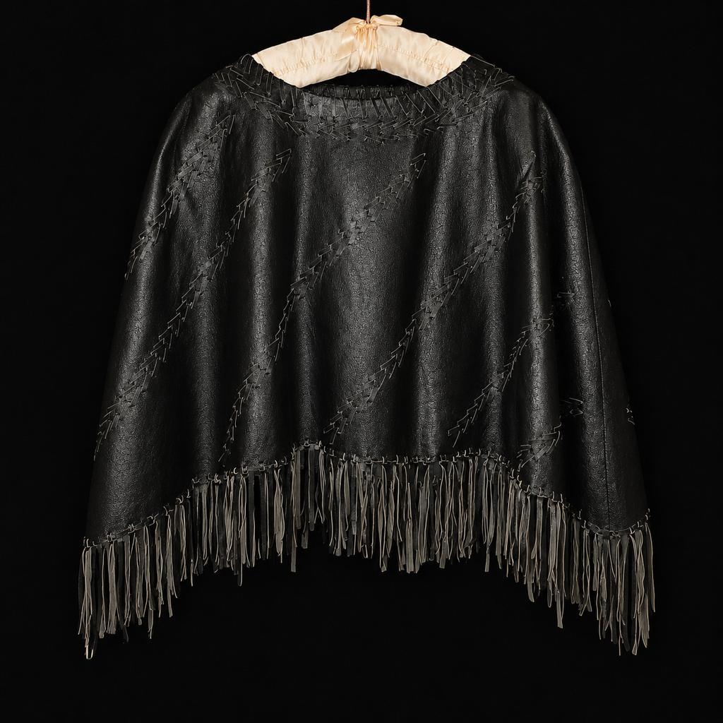 Vintage Newport News Black Genuine Leather Fringe Poncho Cape Western Boho