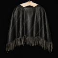 Vintage Newport News Black Genuine Leather Fringe Poncho Cape Western Boho