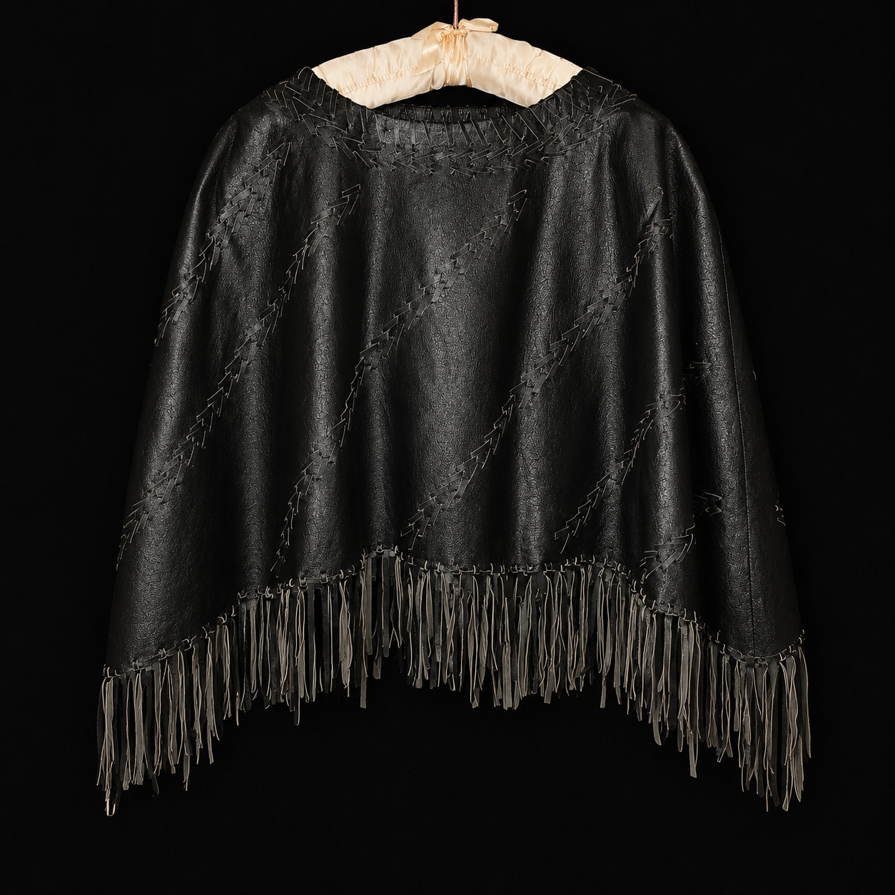 Vintage Newport News Black Genuine Leather Fringe Poncho Cape Western Boho