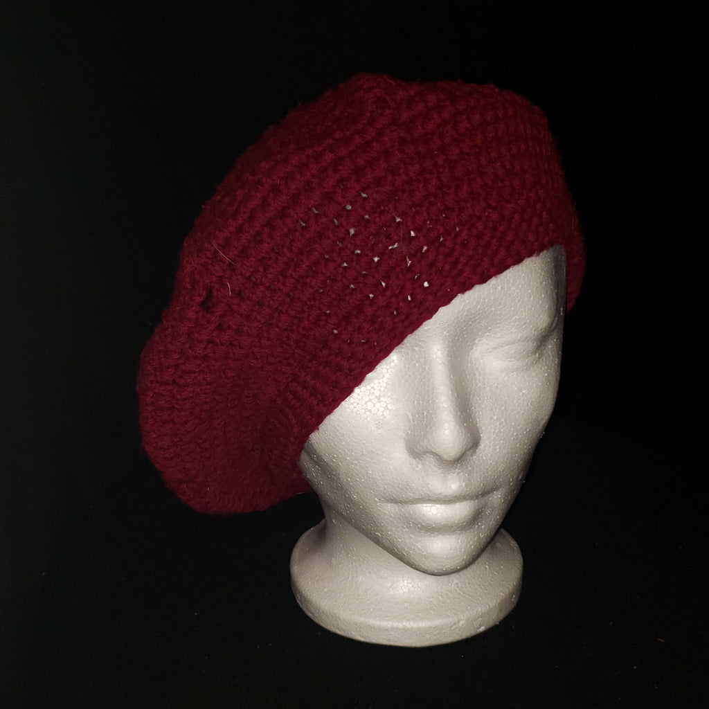 Vintage Handmade Burgundy Crochet Beret Slouchy Knit Tam Hat Women's One Size Boho