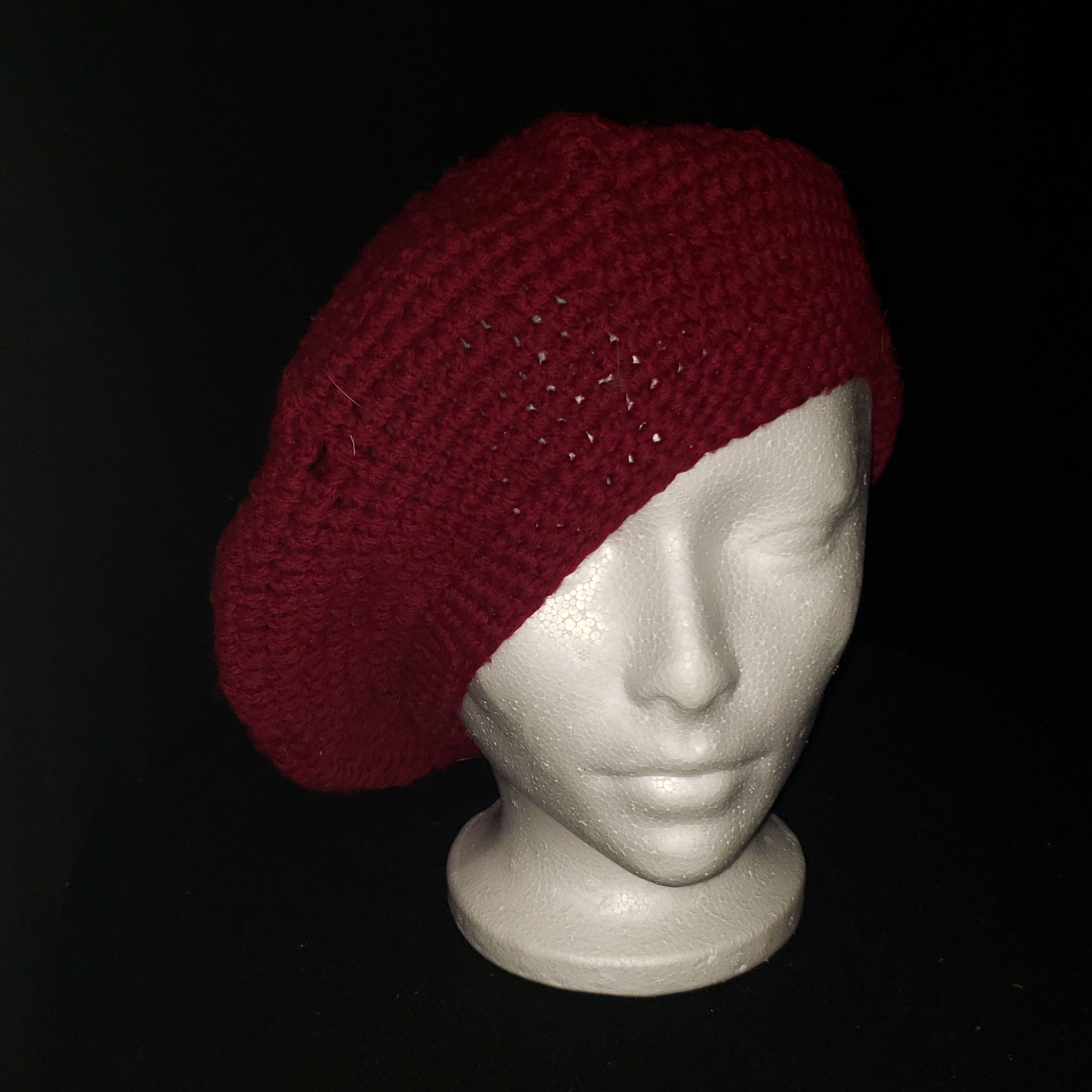Vintage Handmade Burgundy Crochet Beret Slouchy Knit Tam Hat Women's One Size Boho
