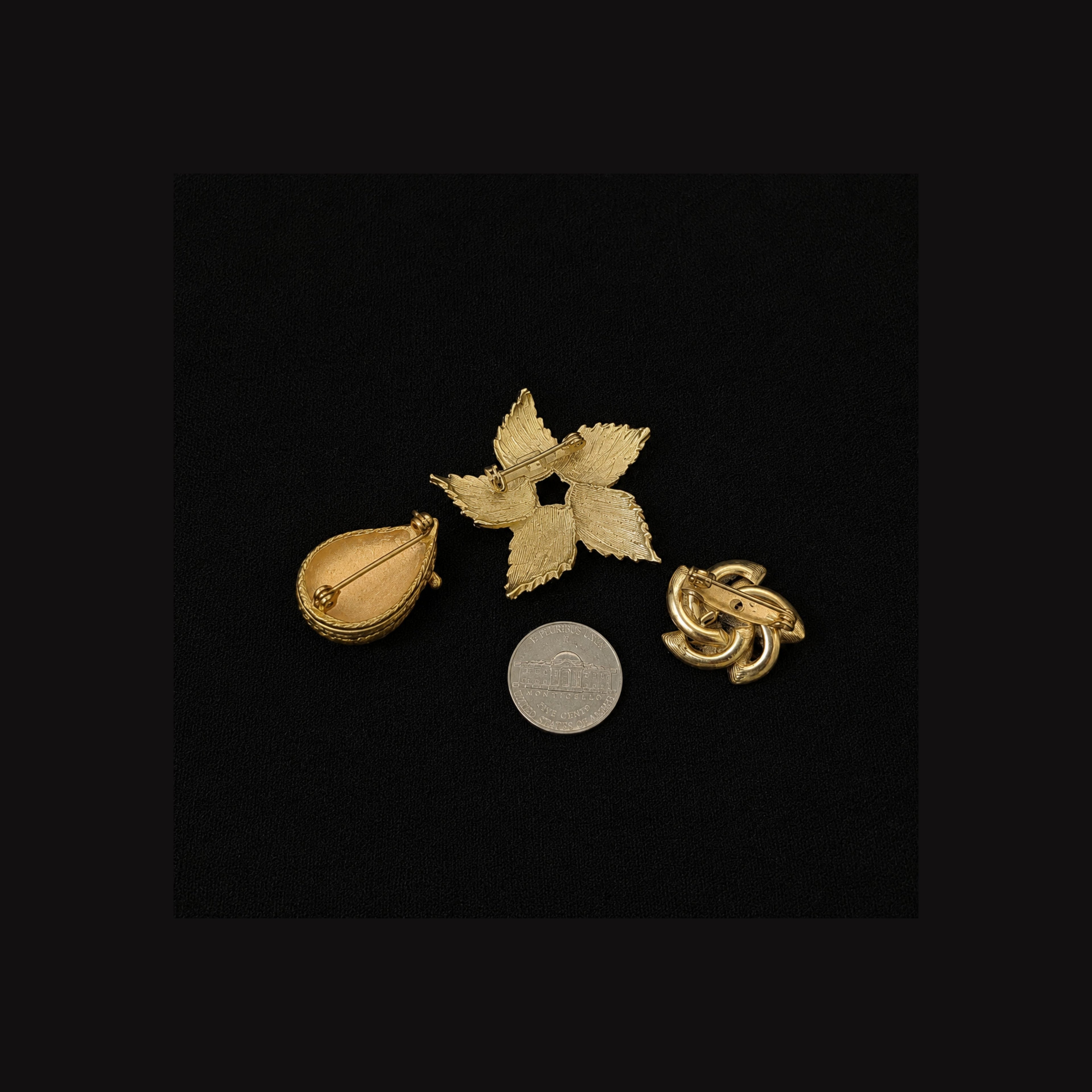 Vintage Gold Tone Brooch Lot of 3 – Leaf, Abstract Knot & Textured Teardrop Costume Jewelry