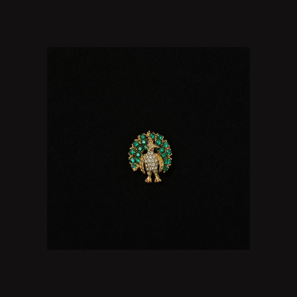 Vintage Gold Tone Peacock Brooch Green & Clear Rhinestones Pin Unsigned