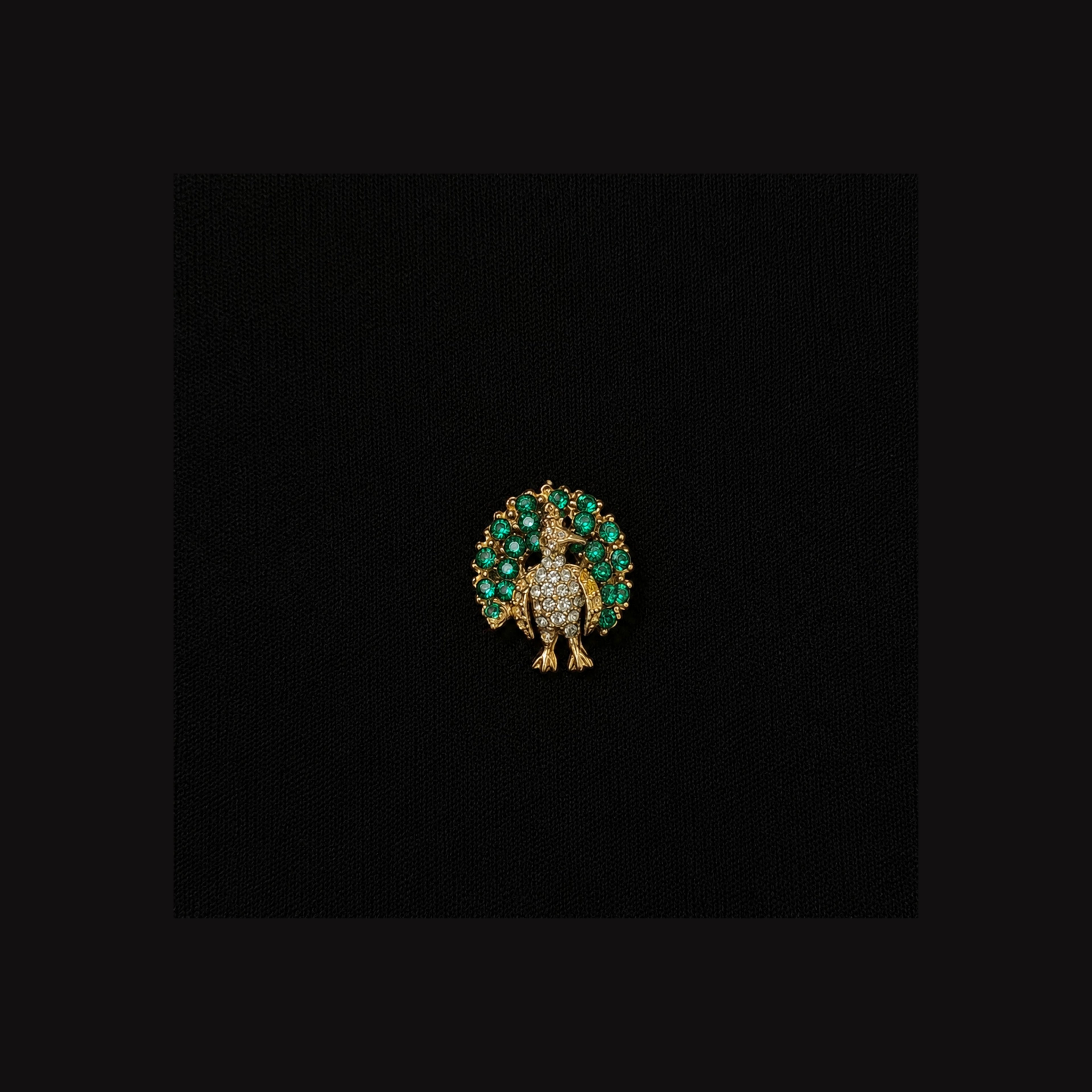 Vintage Gold Tone Peacock Brooch Green & Clear Rhinestones Pin Unsigned