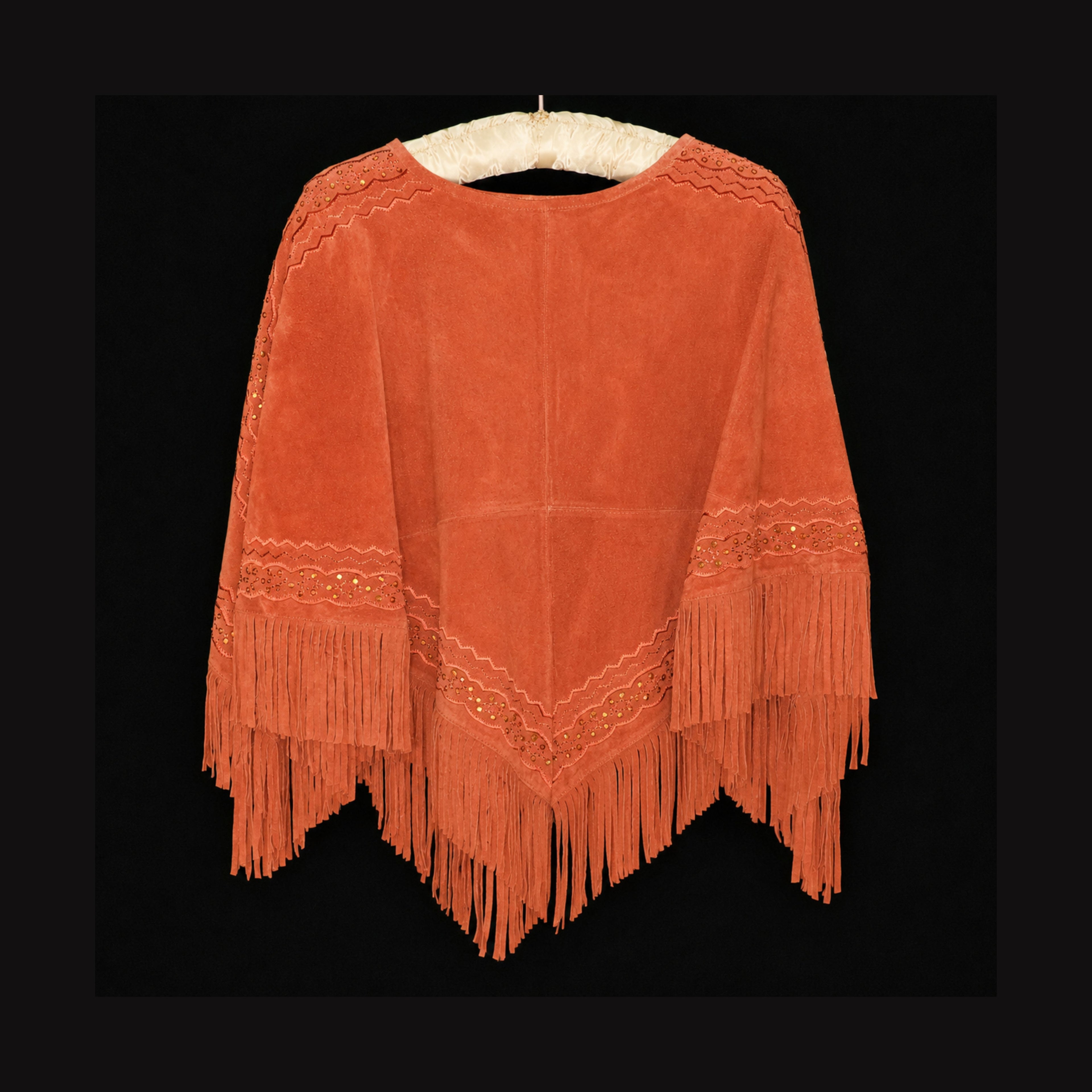 Newport News Genuine Leather Fringe Poncho Cape Rust Western Beaded Suede L/XL