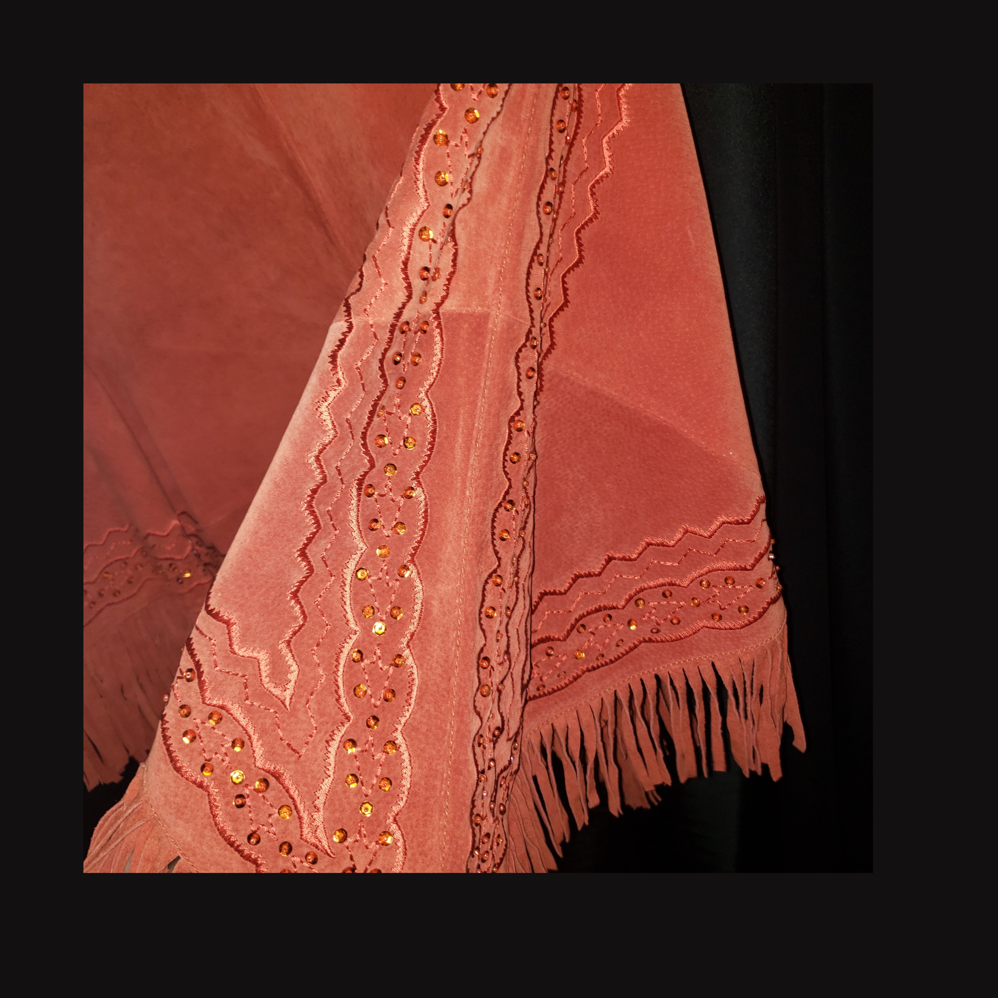 Newport News Genuine Leather Fringe Poncho Cape Rust Western Beaded Suede L/XL