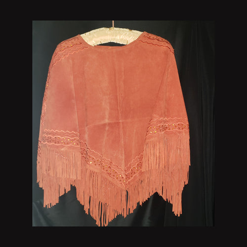 Newport News Genuine Leather Fringe Poncho Cape Rust Western Beaded Suede L/XL
