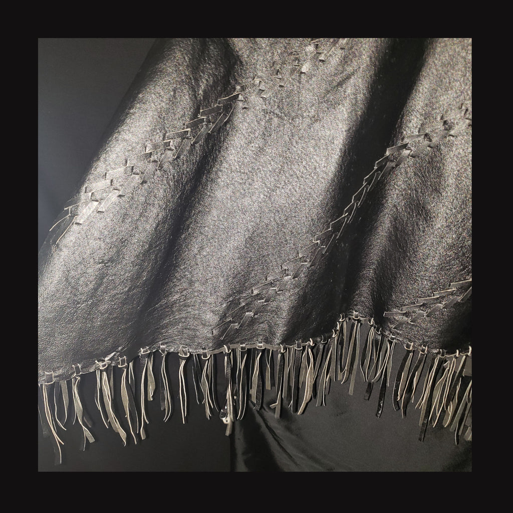 Vintage Newport News Black Genuine Leather Fringe Poncho Cape Western Boho