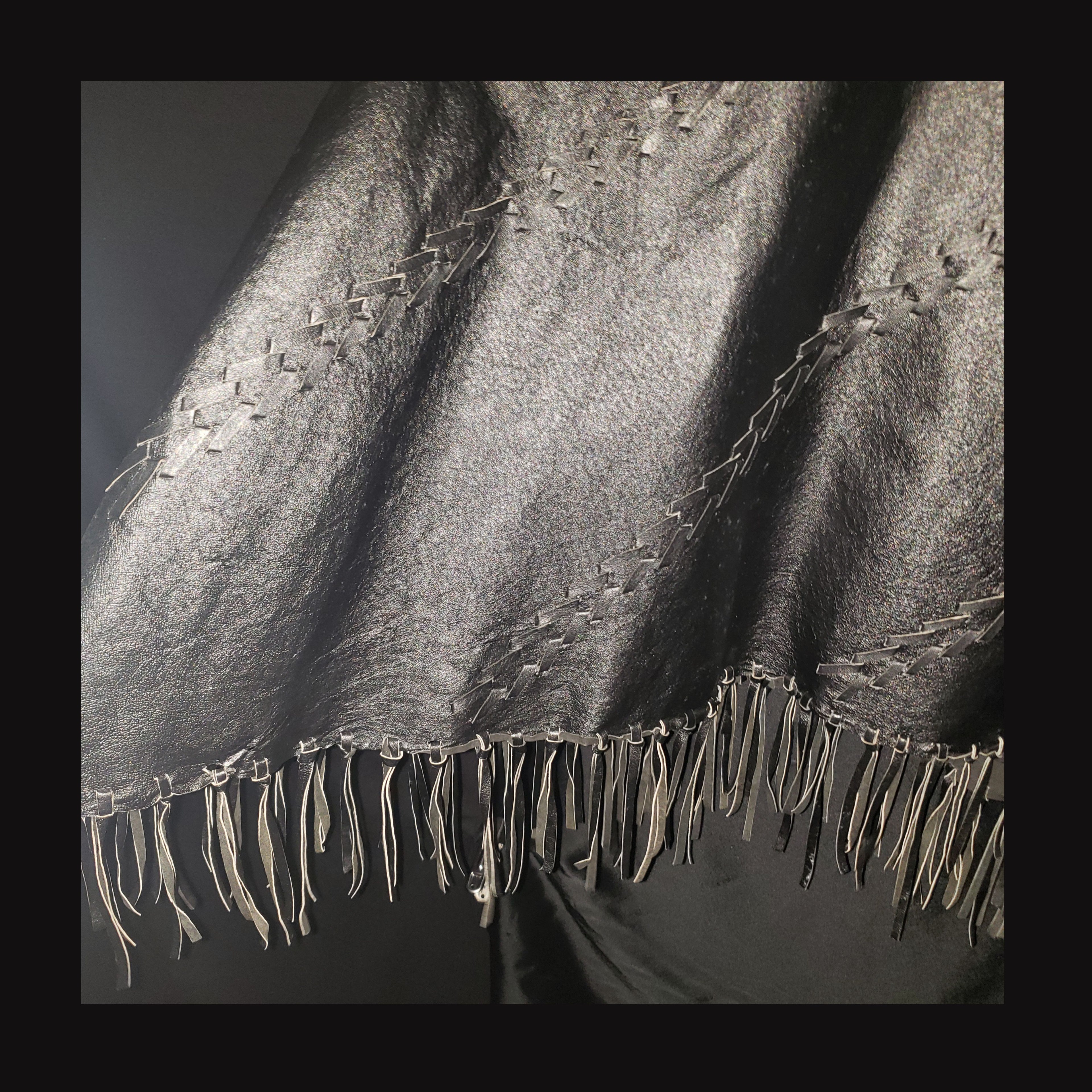 Vintage Newport News Black Genuine Leather Fringe Poncho Cape Western Boho