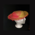 Vintage Woven Straw Frayed Brim Sun Hat Pink Natural Raffia