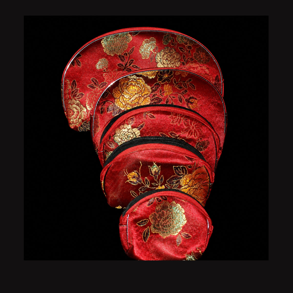 Red Floral Brocade Nesting Cosmetic & Travel Pouch Set — 5 Pieces