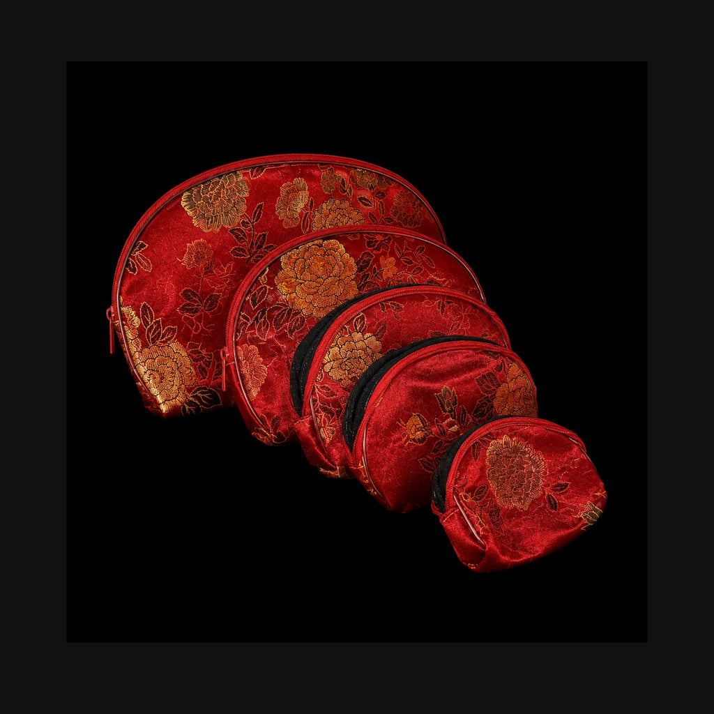 Red Floral Brocade Nesting Cosmetic & Travel Pouch Set — 5 Pieces