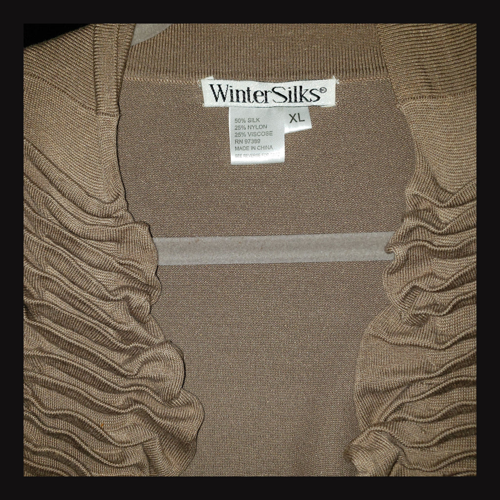 WinterSilks Silk Blend Ruffled Open-Front Cardigan - Taupe - XL