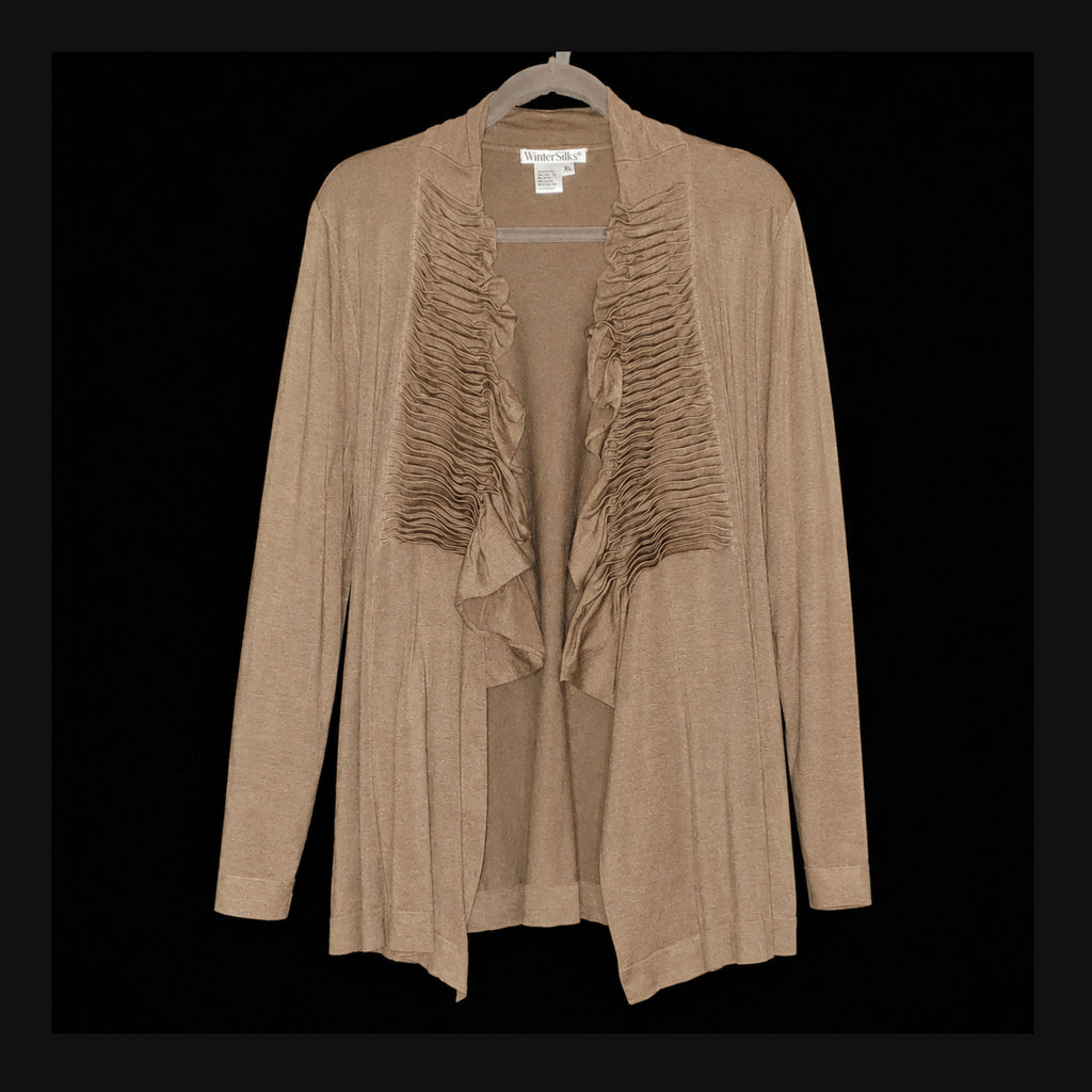 WinterSilks Silk Blend Ruffled Open-Front Cardigan - Taupe - XL
