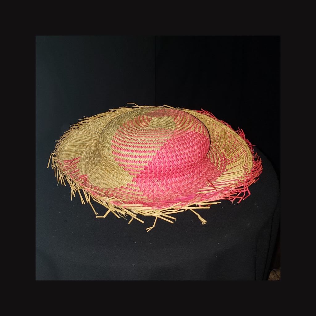 Vintage Woven Straw Frayed Brim Sun Hat Pink Natural Raffia