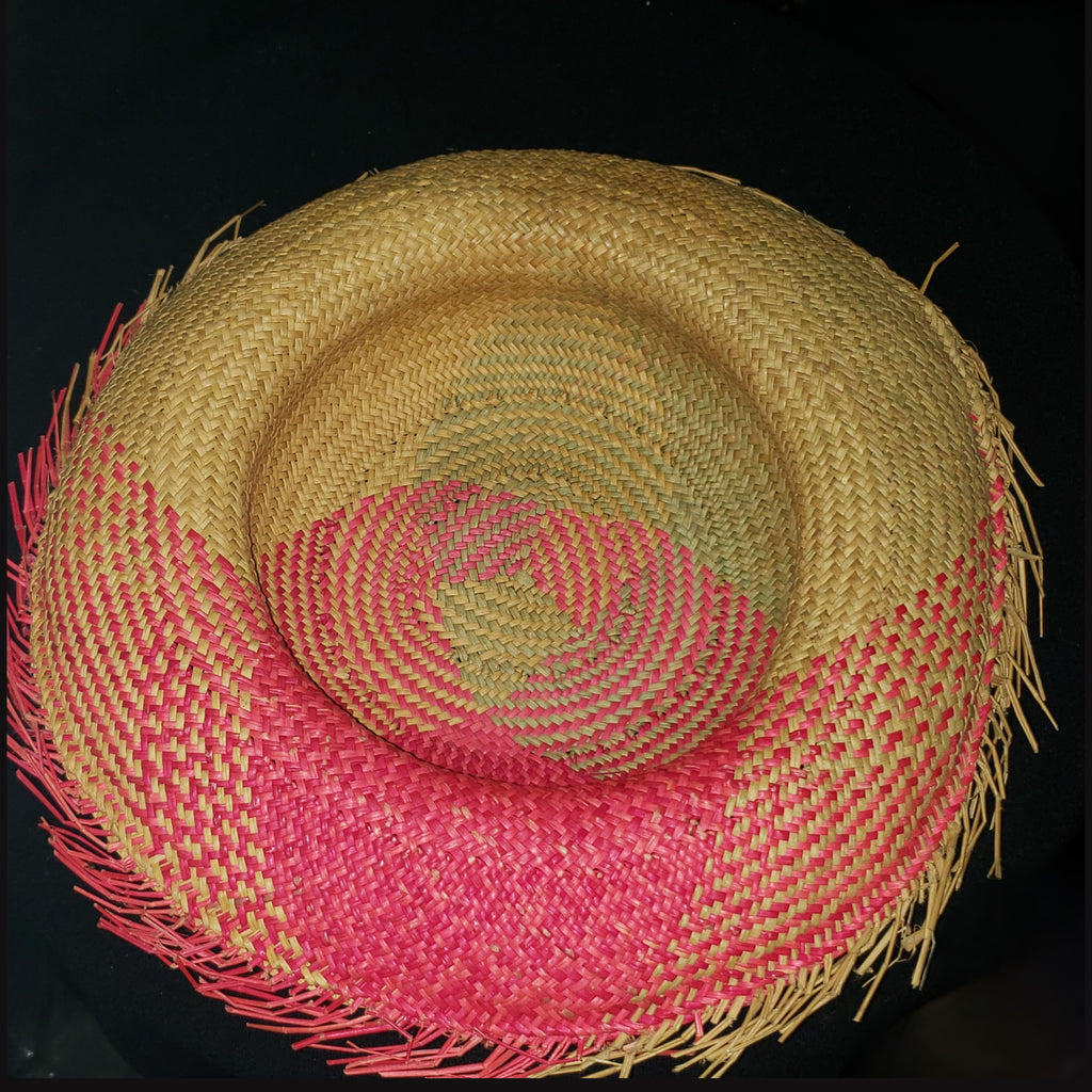 Vintage Woven Straw Frayed Brim Sun Hat Pink Natural Raffia