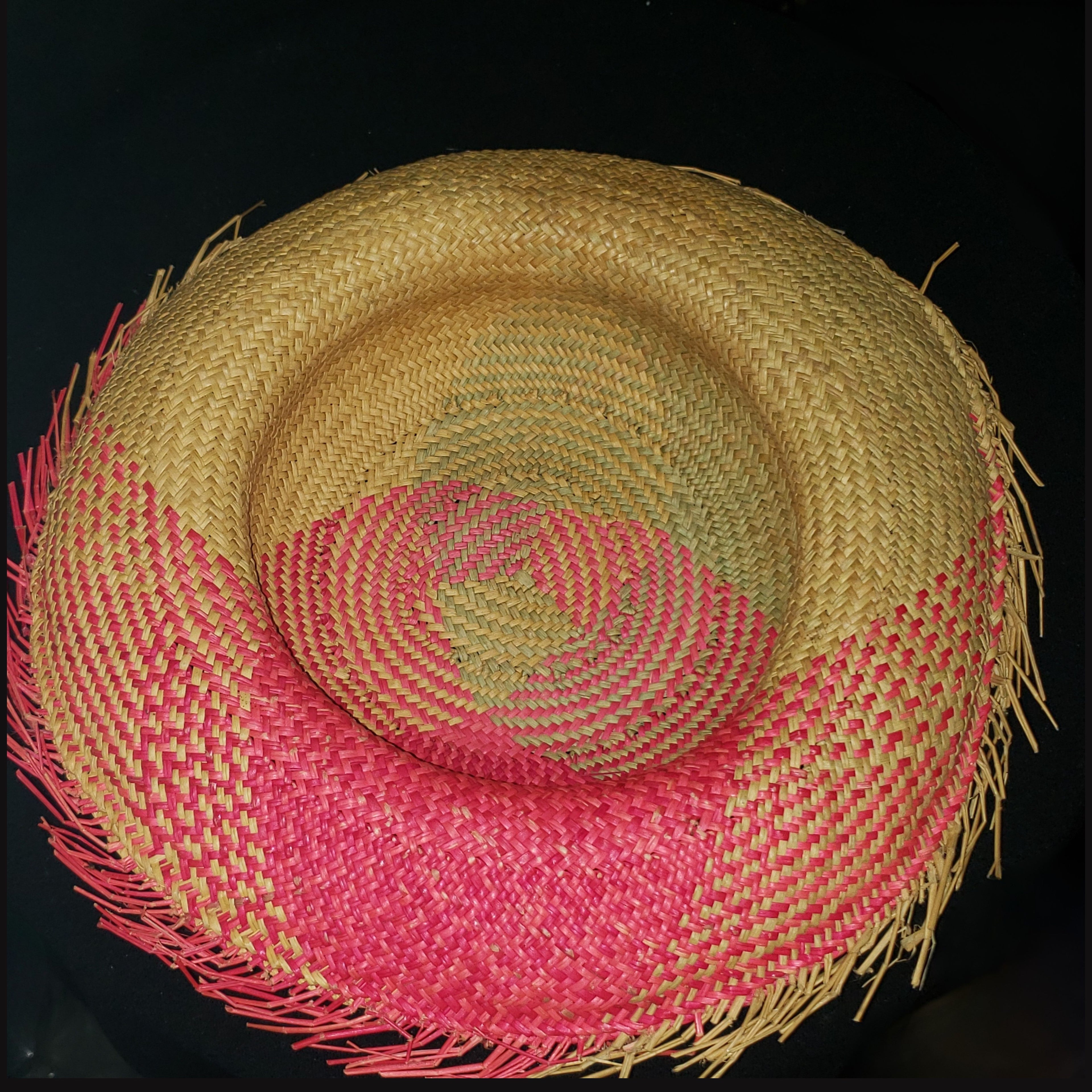 Vintage Woven Straw Frayed Brim Sun Hat Pink Natural Raffia