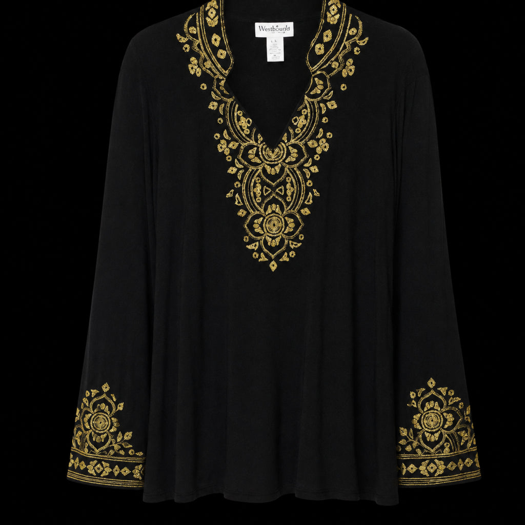 NorthStyle Black & Gold Embroidered Tunic Top – Size 1X