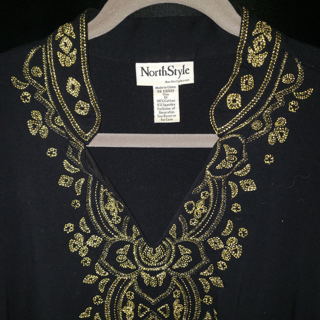 NorthStyle Black & Gold Embroidered Tunic Top – Size 1X