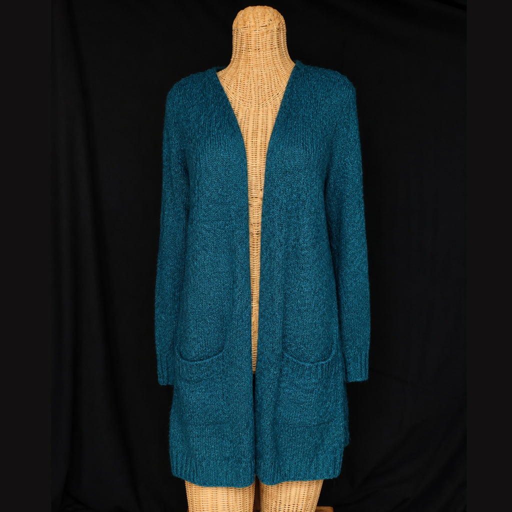 Women's Teal Bouclé Open Front Long Cardigan Sweater