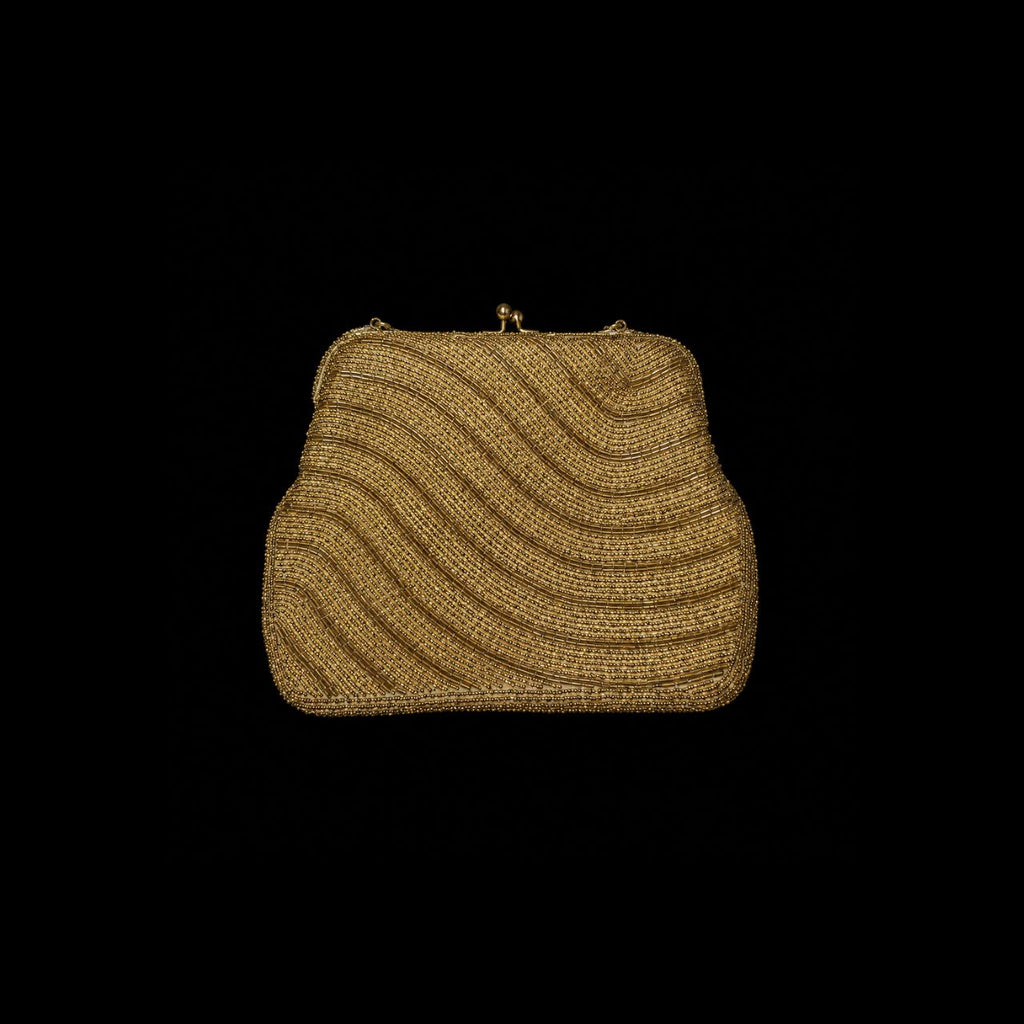 Vintage Gold Beaded Evening Clutch Purse Kiss Lock Chain Strap Formal Handbag