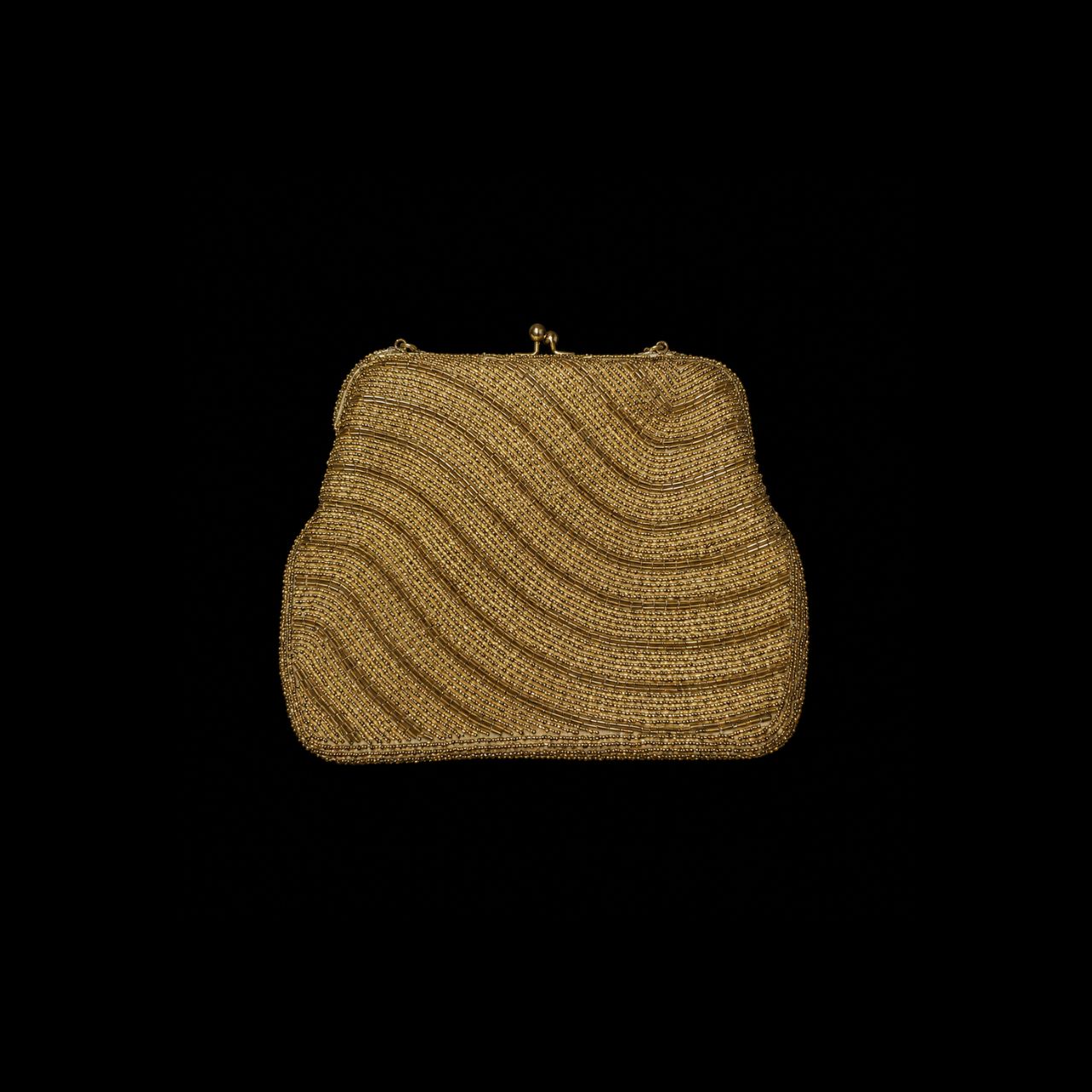 Vintage Gold Beaded Evening Clutch Purse Kiss Lock Chain Strap Formal Handbag
