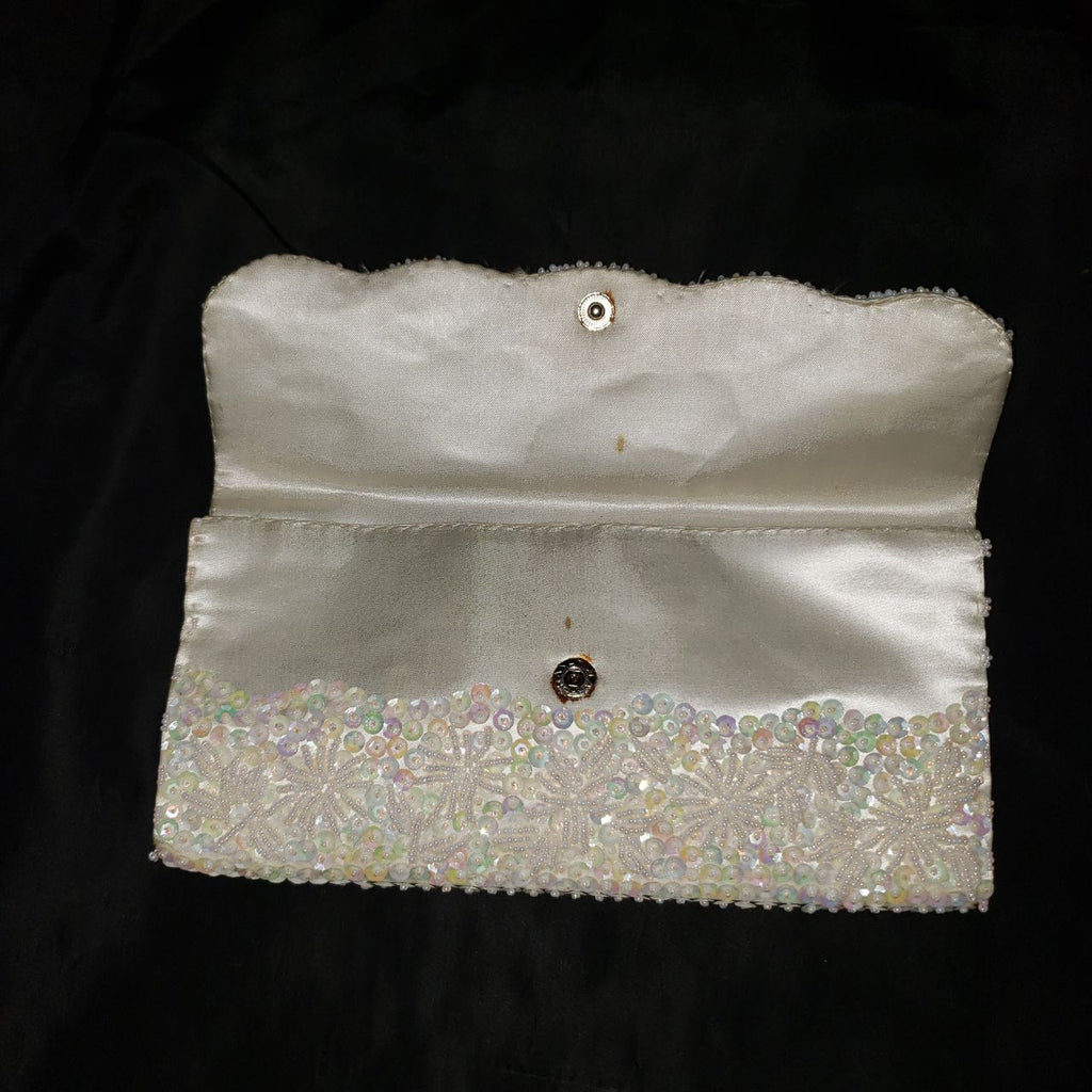 Vintage Ivory Beaded Evening Clutch Purse with Iridescent Sequins