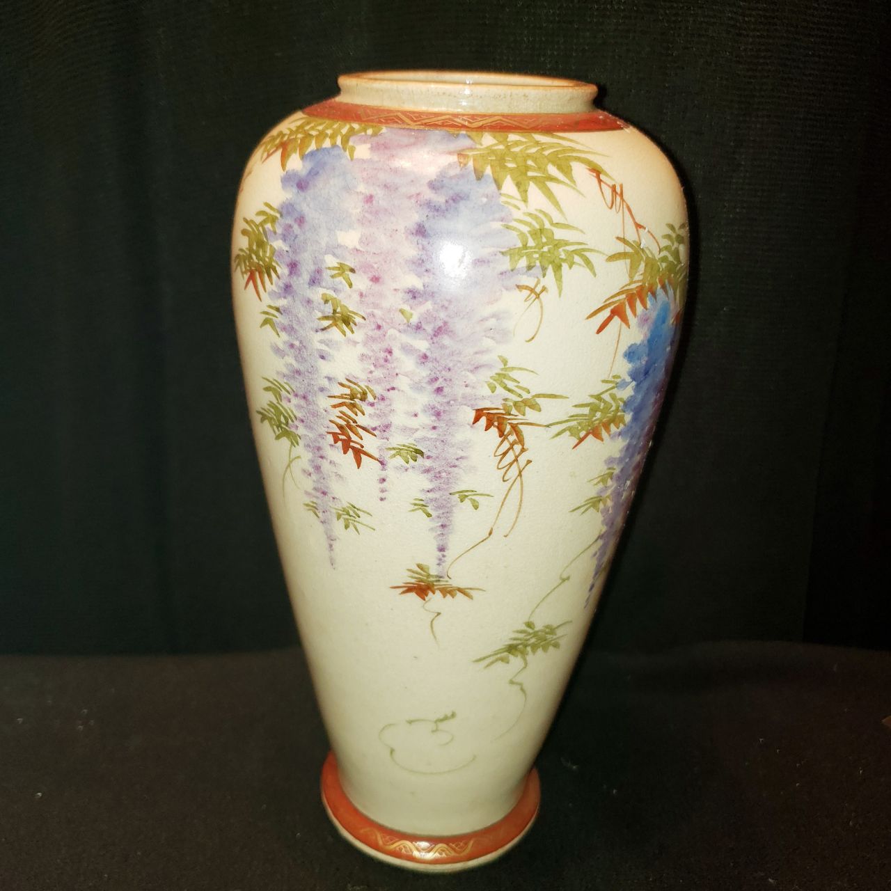 Vintage Satsuma Japanese Hand-Painted Wisteria Porcelain Vase