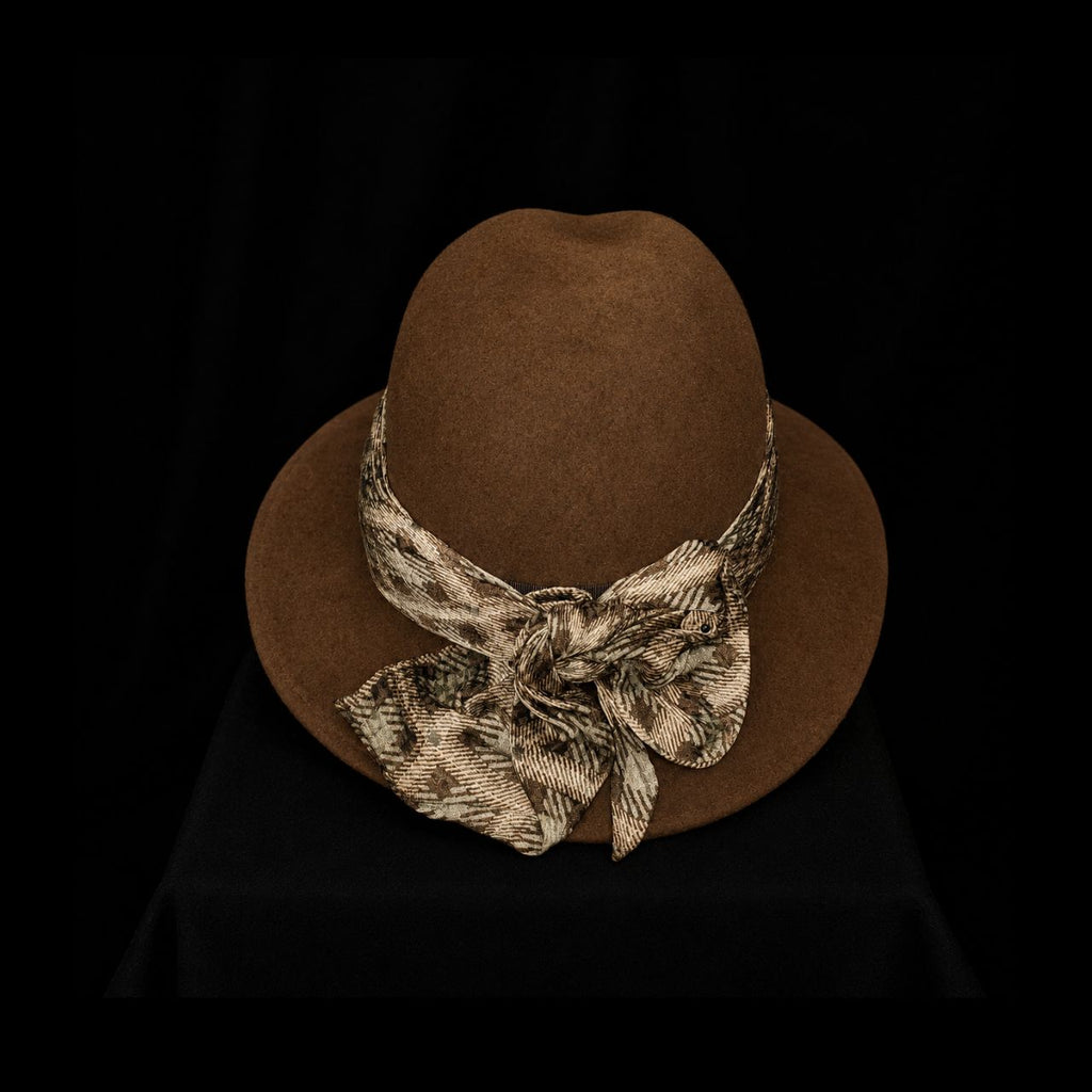 Vintage Mackins Brown Felt Wide-Brim Hat with Printed Scarf Trim
