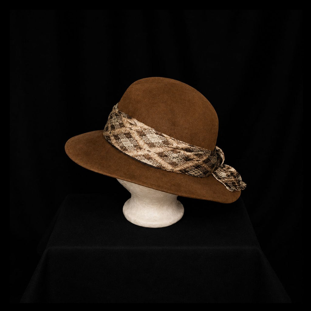 Vintage Mackins Brown Felt Wide-Brim Hat with Printed Scarf Trim