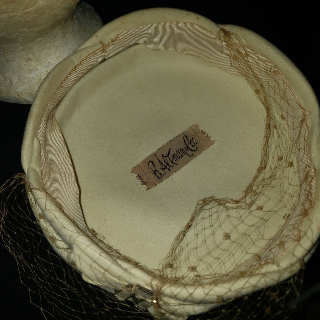 Vintage 1950s B. Altman Co. Cream Fascinator Hat with Birdcage Veil & Rhinestone Accent
