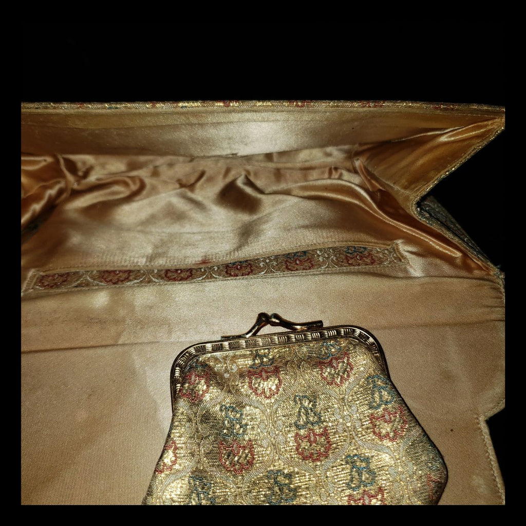 Vintage Gold Metallic Brocade Clutch Purse & Coin Purse Set