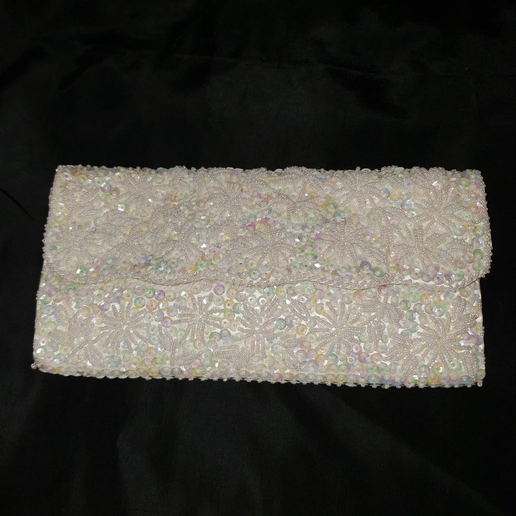 Vintage Ivory Beaded Evening Clutch Purse with Iridescent Sequins