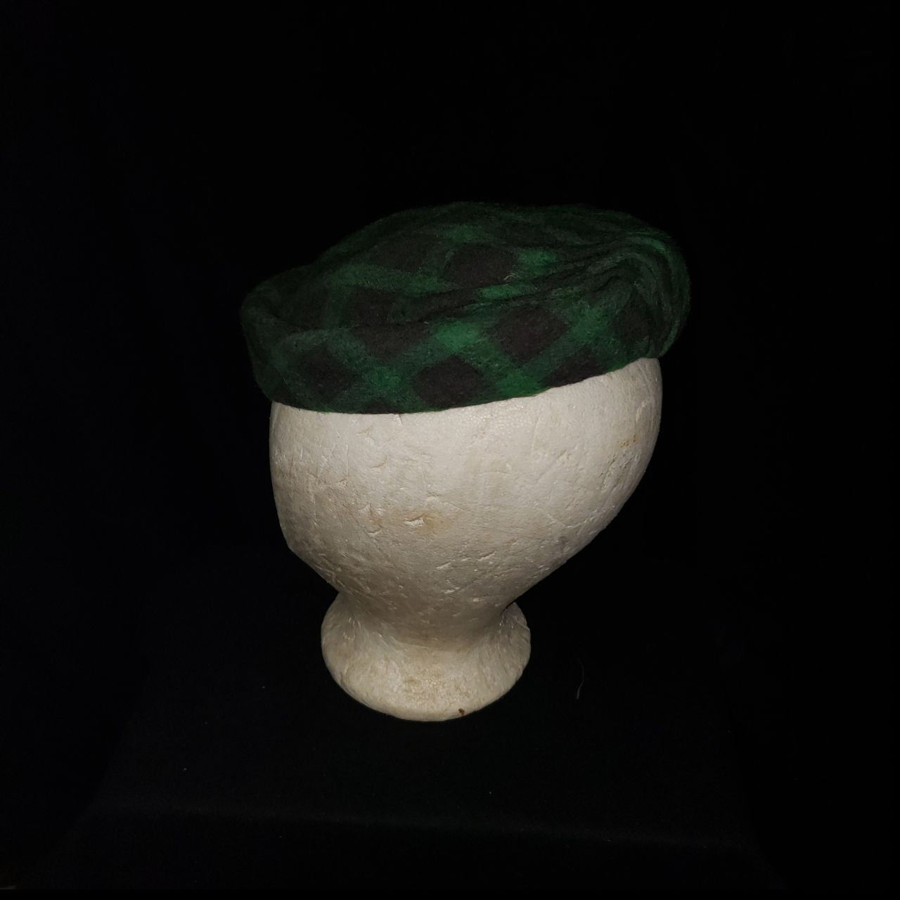 Vintage Green & Blackish Brown Plaid Tam / Beret Style Hat