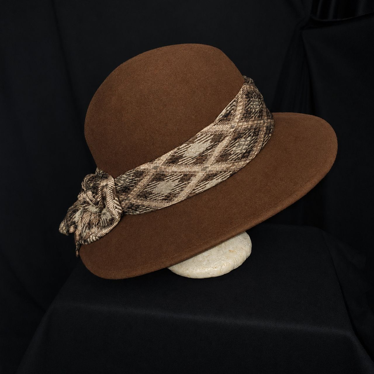 Vintage Mackins Brown Felt Wide-Brim Hat with Printed Scarf Trim