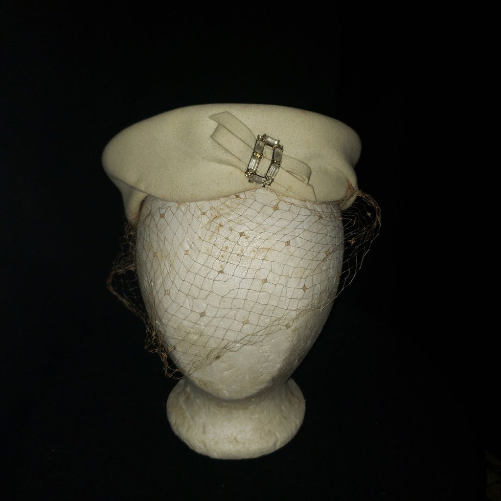 Vintage 1950s B. Altman Co. Cream Fascinator Hat with Birdcage Veil & Rhinestone Accent