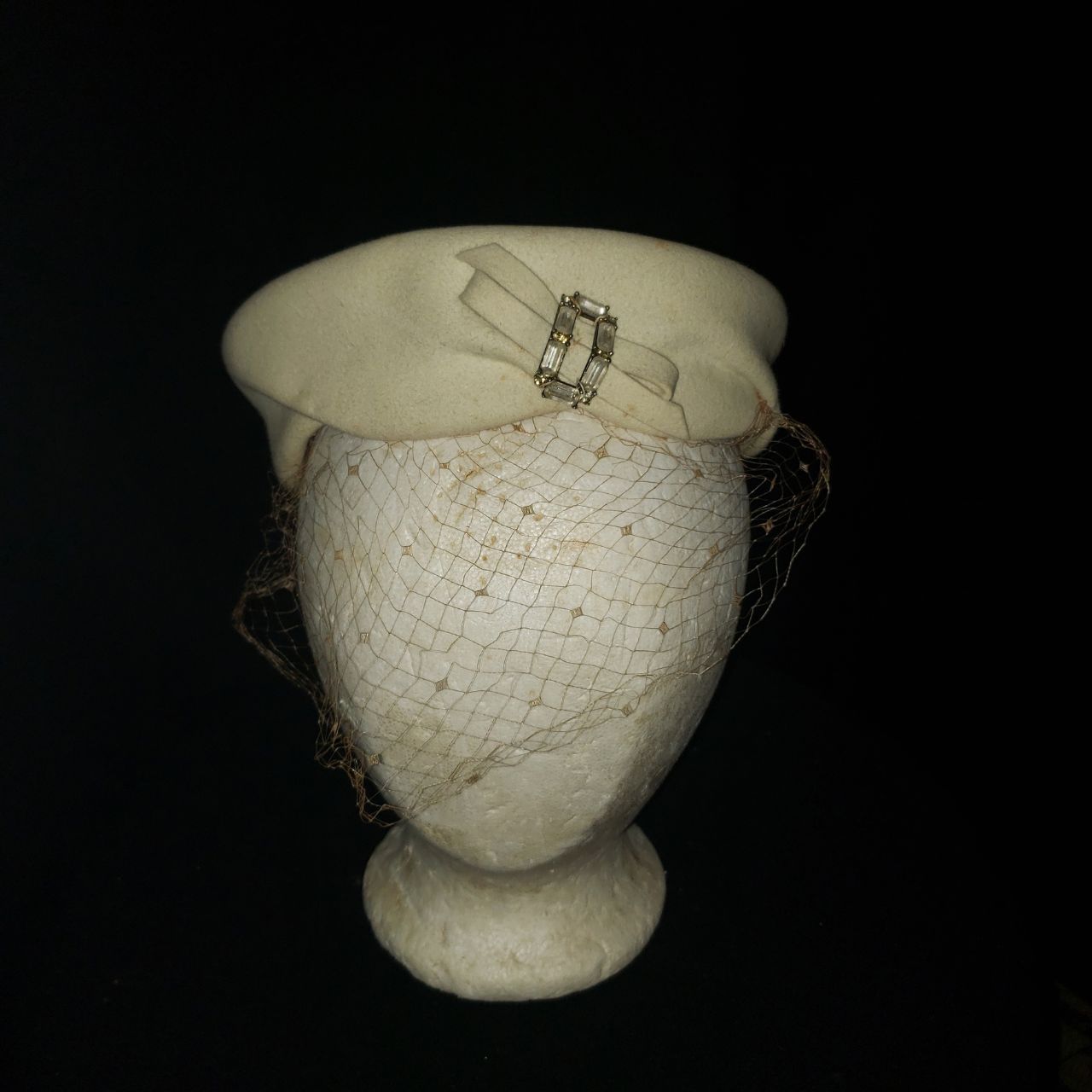 Vintage 1950s B. Altman Co. Cream Fascinator Hat with Birdcage Veil & Rhinestone Accent