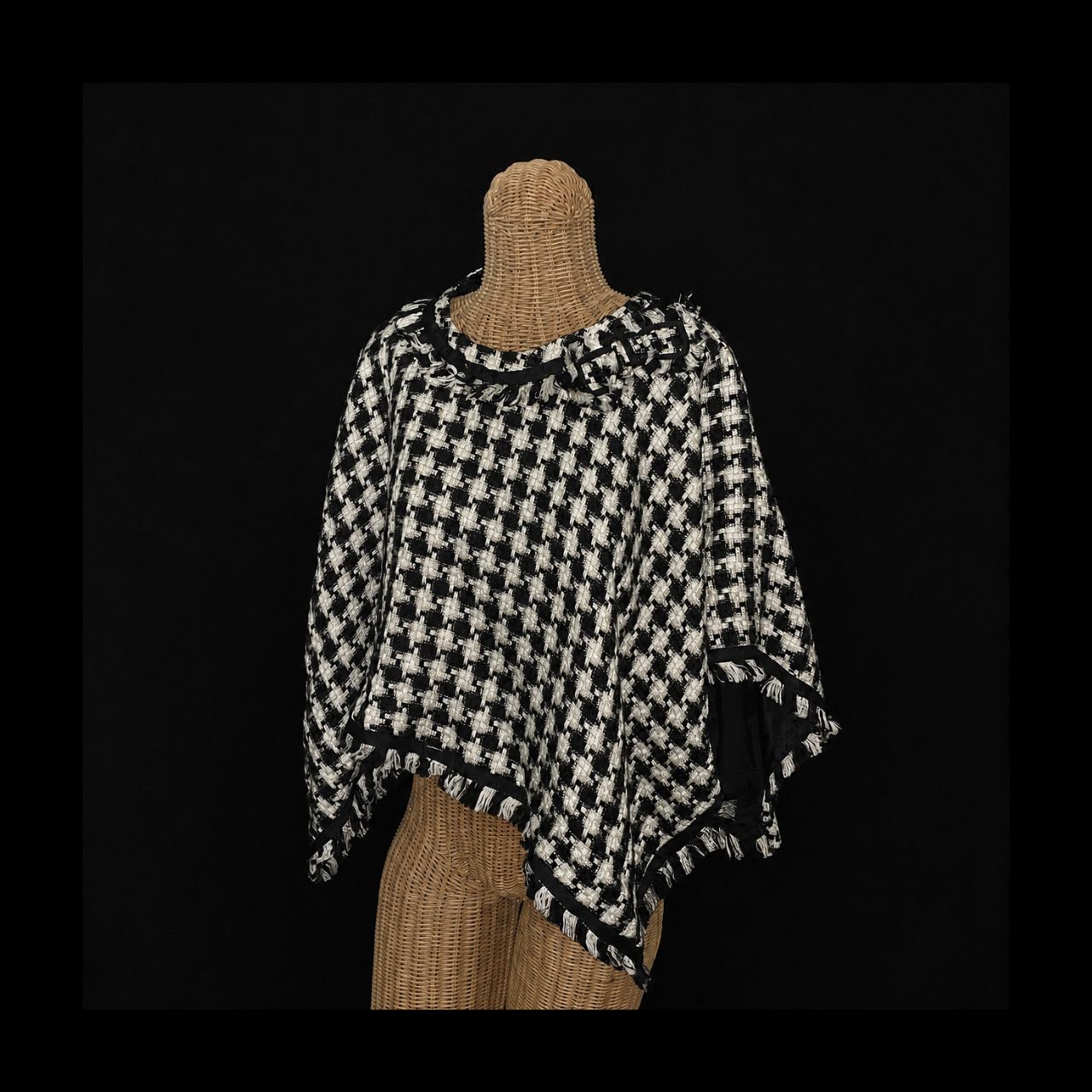 Black & White Houndstooth Poncho Shawl with Fringe
