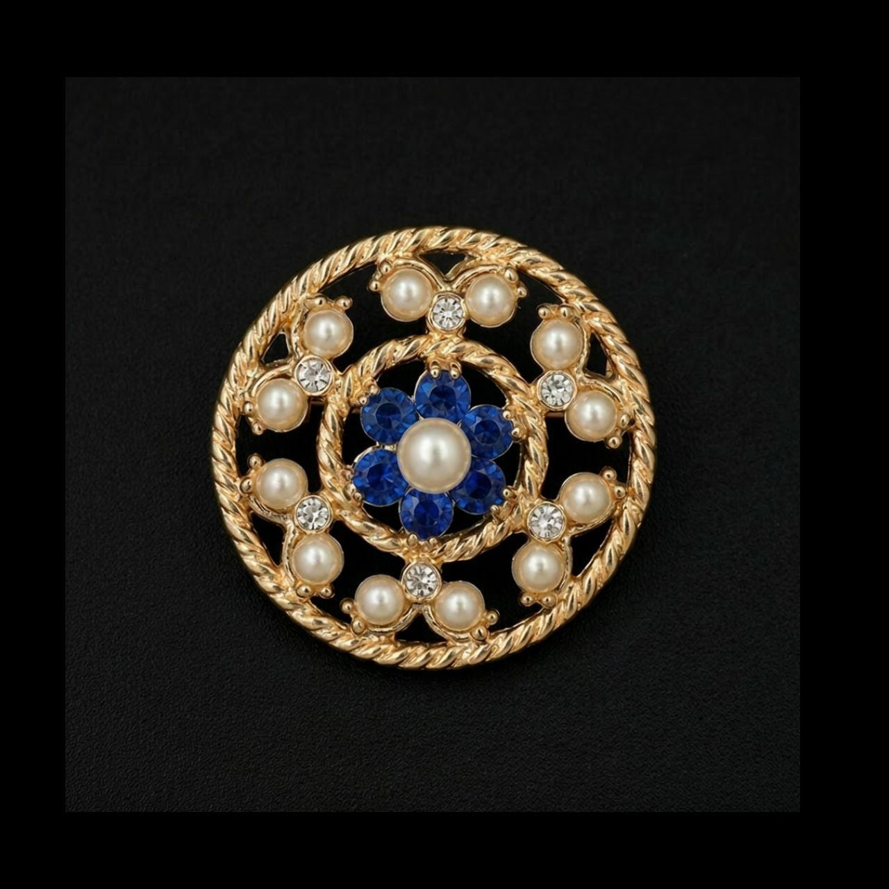 Vintage Faux Pearl & Sapphire Blue Rhinestone Circular Brooch