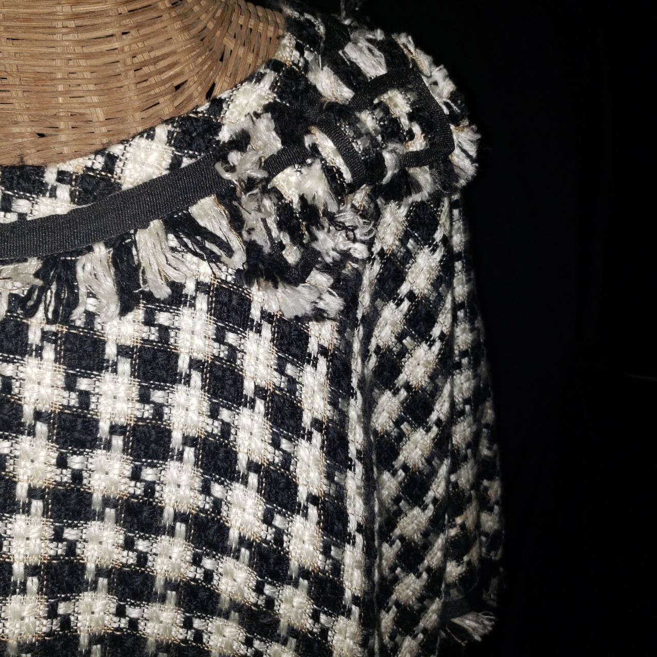 Black & White Houndstooth Poncho Shawl with Fringe