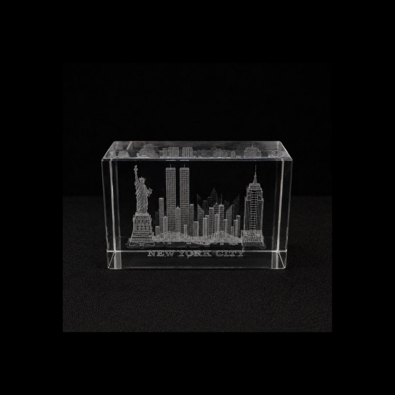 Clear Glass Paperweight Featuring a 3D laser-etched design of the New York City Skyline