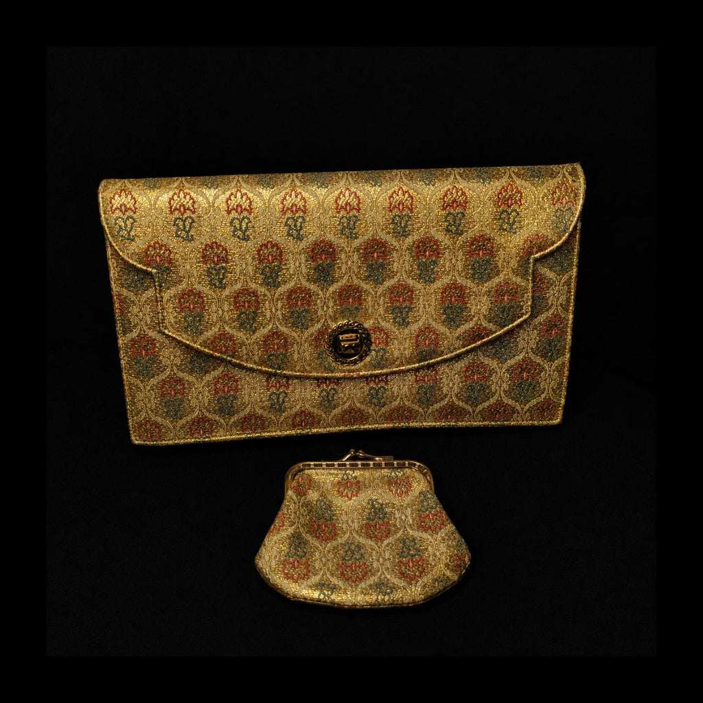 Vintage Gold Metallic Brocade Clutch Purse & Coin Purse Set
